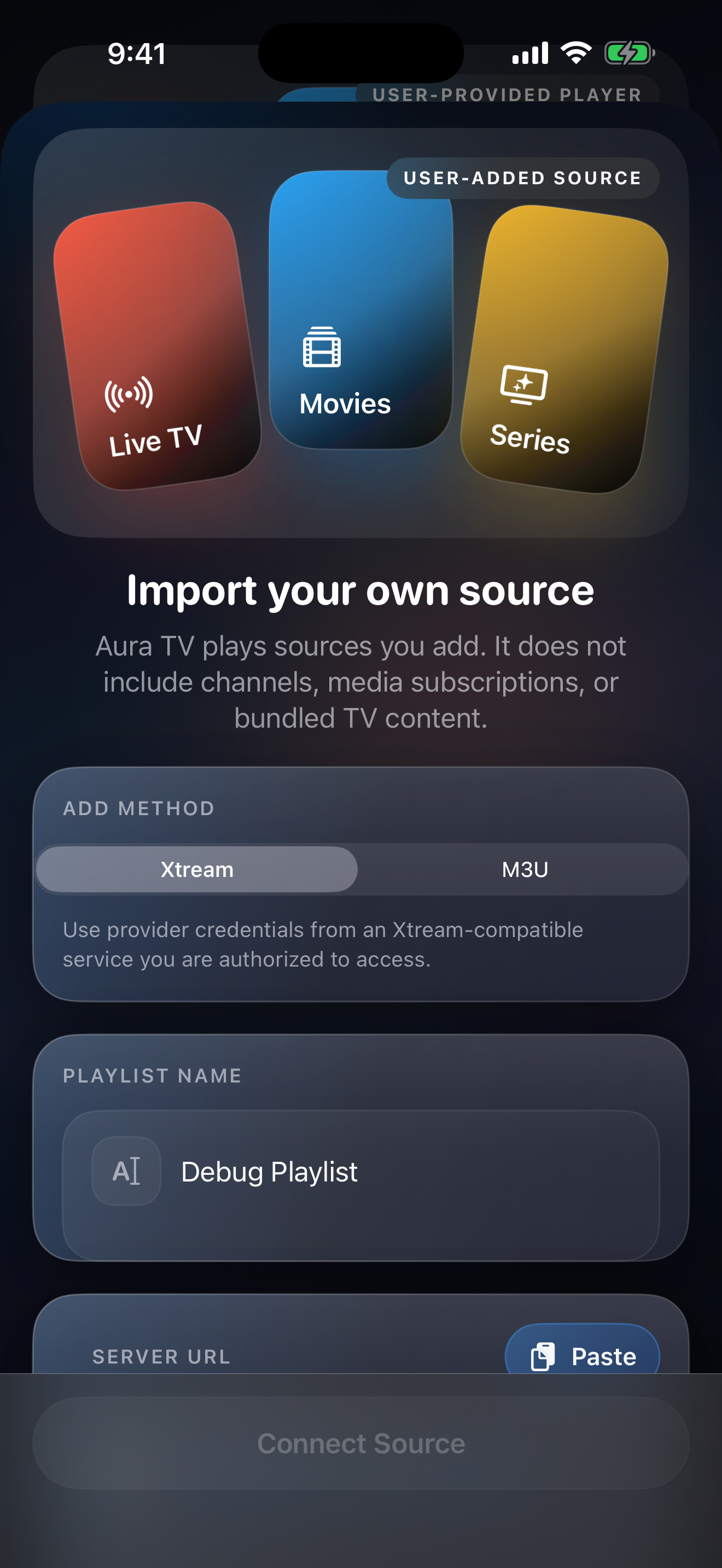 Aura TV source import screen