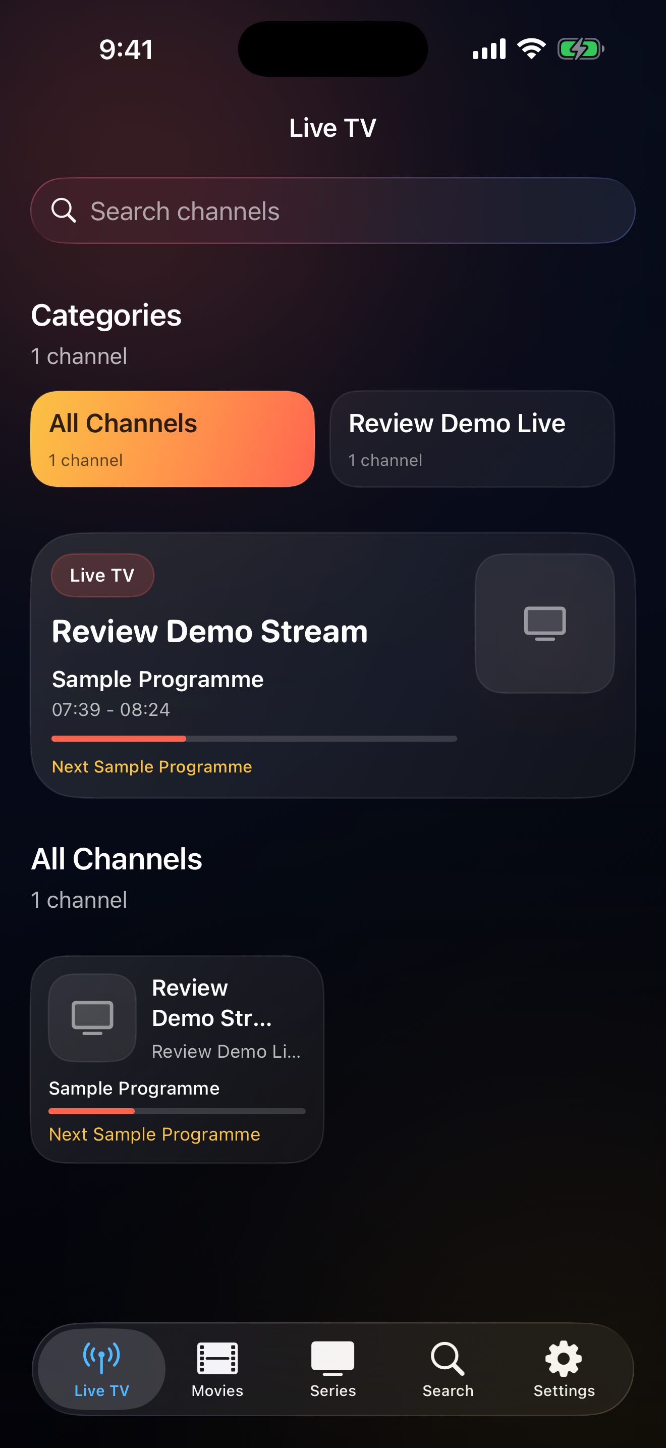 Aura TV live playback screen