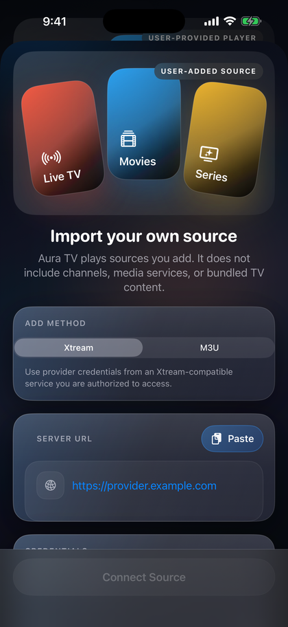 Aura TV add source screen for M3U and Xtream-compatible playlists