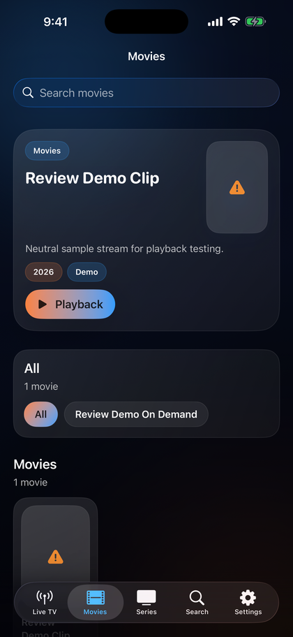 Aura TV movies library screen for user-provided sources